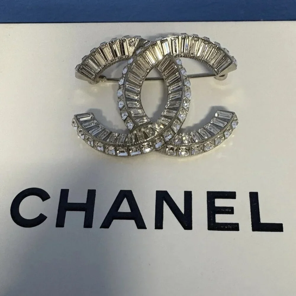 Chanel 22V Crystal CC Brooch Large Silver Baguette Rhinestone Pin with Box